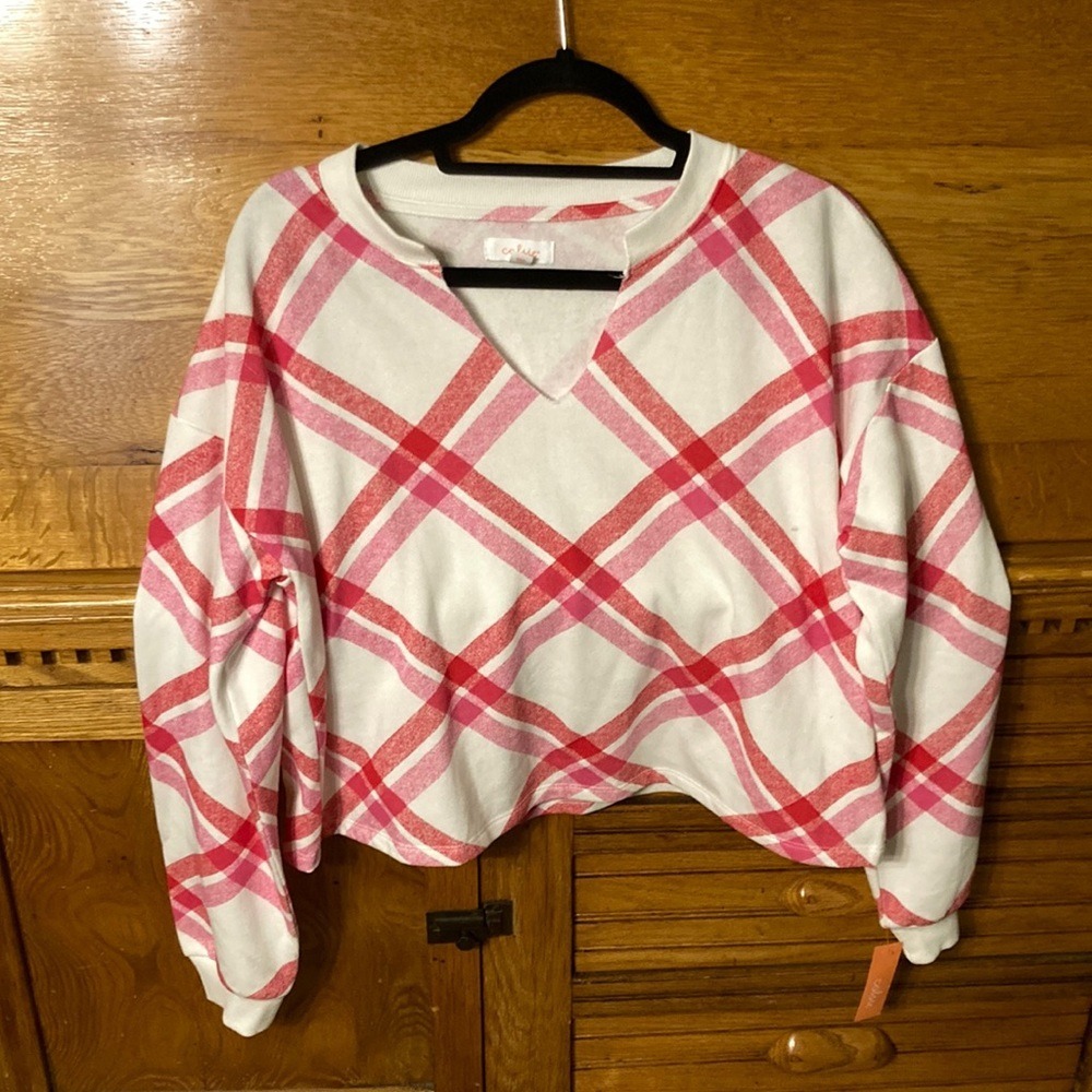 Colsie Preppy Pink Red Plaid Coquette‎ Cropped Sweatshirt Medium NEW